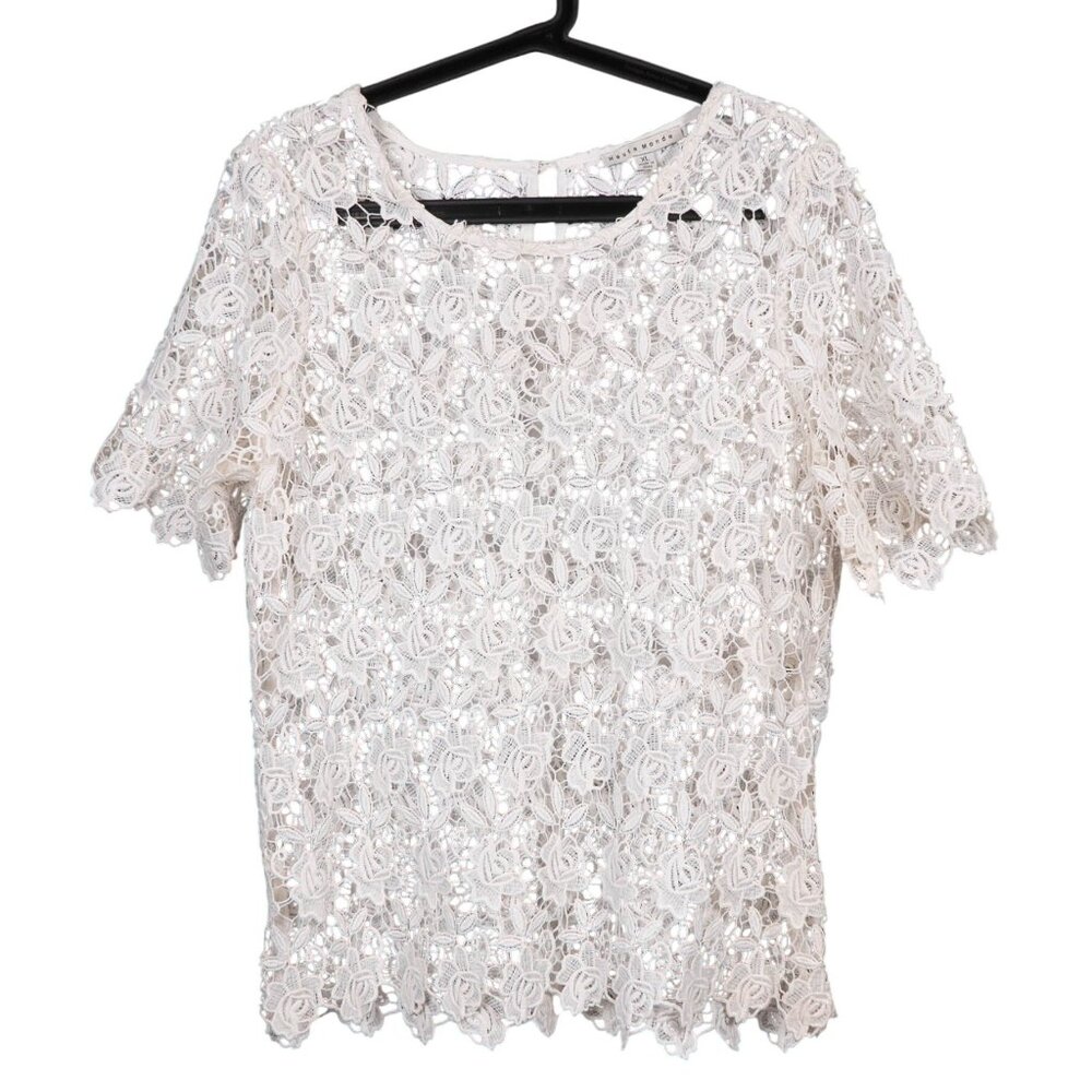 Haute Monde Floral Blouse XL Womens White Lace Short Sleeve Sheer Career Casual - Picture 1 of 6